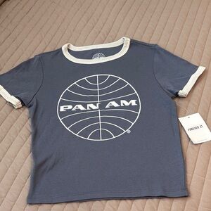 Forever 21 Women's Pan Am Graphic Ringer Tee in Navy